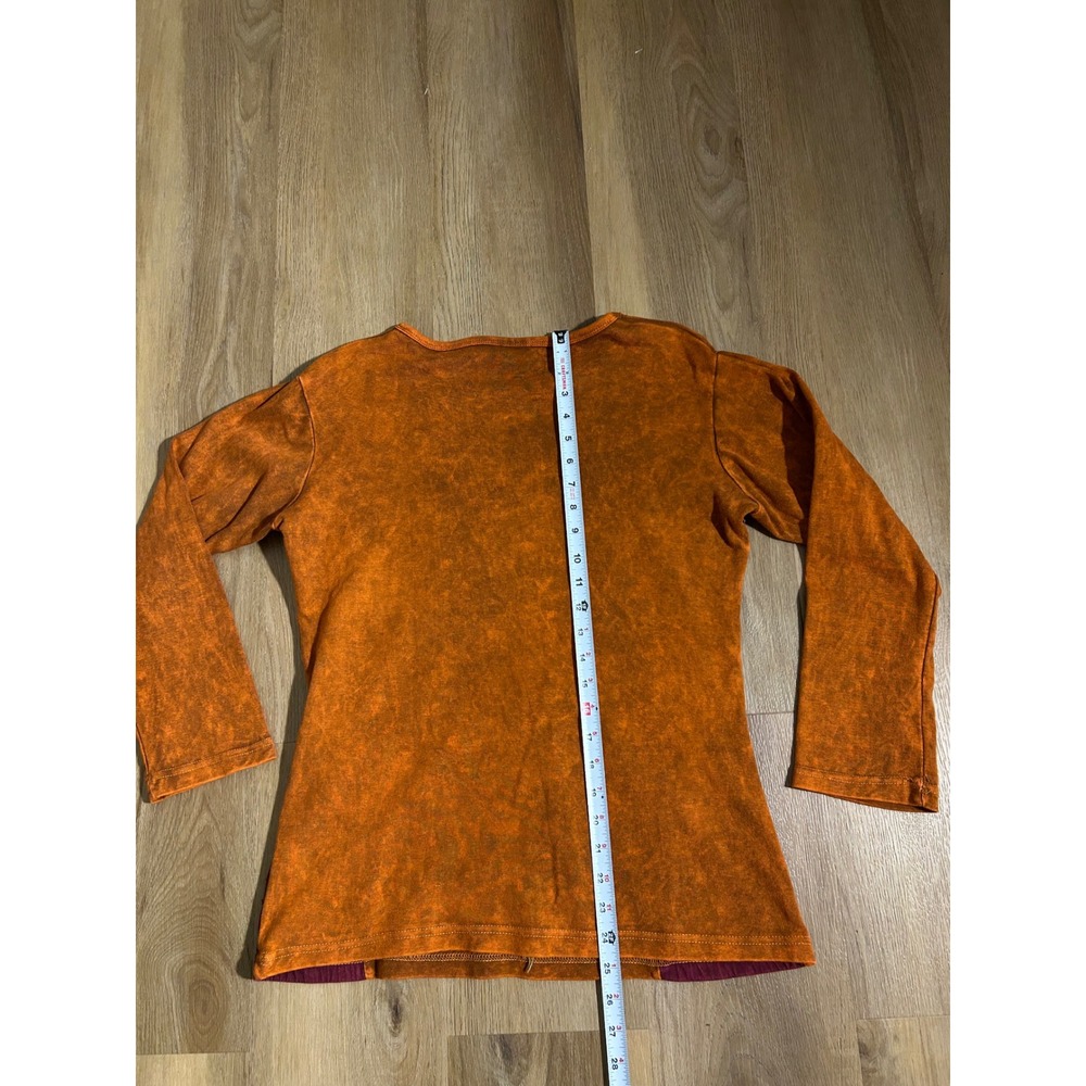 Vtg Orange Acid Wash Embroidered Patchwork Top Nepal S/M boho dopamine mushroom - Picture 6 of 7